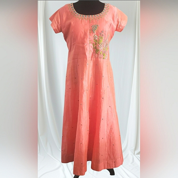 Vintage Boho Chic Bollywood Beaded Silk Cotton Embroidered Gypsy Maxi Dress - Picture 1 of 6